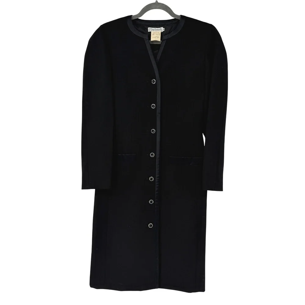 Guy‎ Laroche Boutique Paris Vintage Wool Coat Black Rhinestone Button Size 8 38